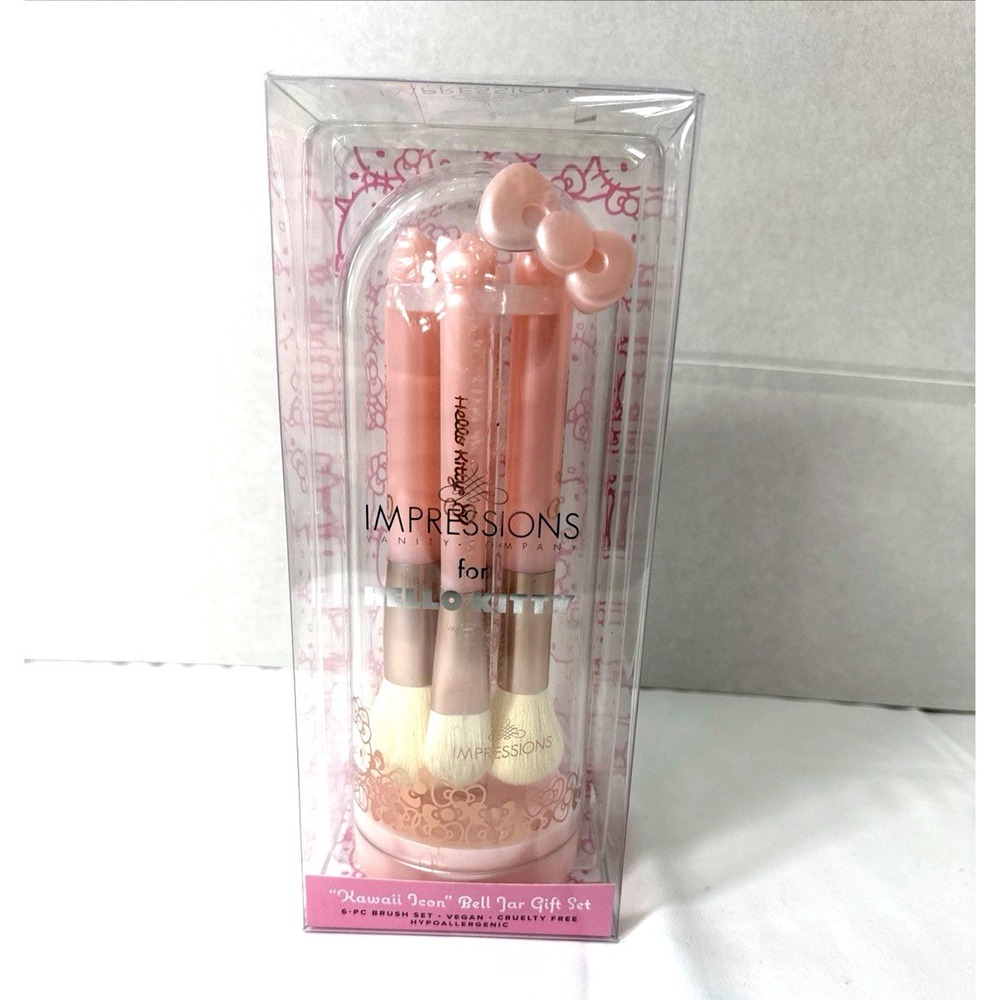 Hello Kitty 6 piece Makeup Brushes Kawaii Icon Bell Jar Gift Set Pearl Pink‎